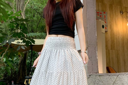 Mid Rise Dotted Ruched Maxi A-Line Skirt
