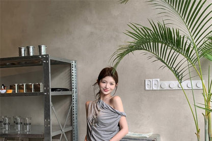 Sleeveless Cold Shoulder Plain Crop Top / Mid Rise Plain Slit Maxi A-Line Skirt