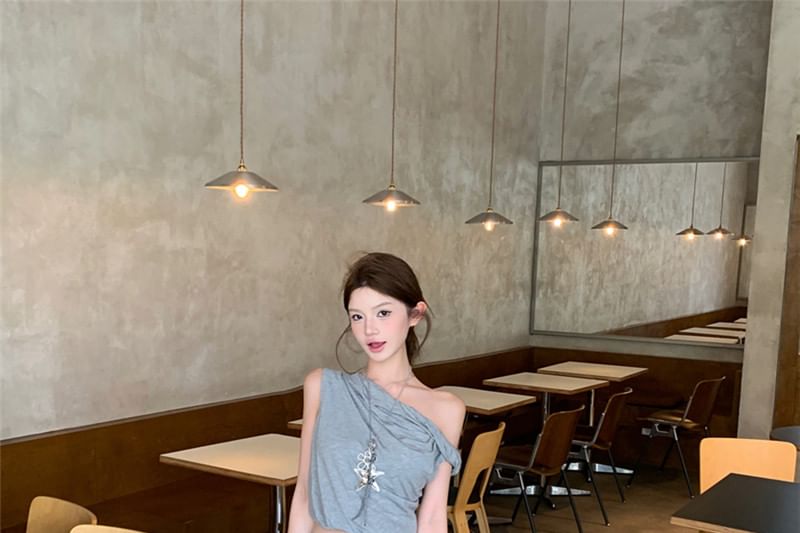 Sleeveless Cold Shoulder Plain Crop Top / Mid Rise Plain Slit Maxi A-Line Skirt