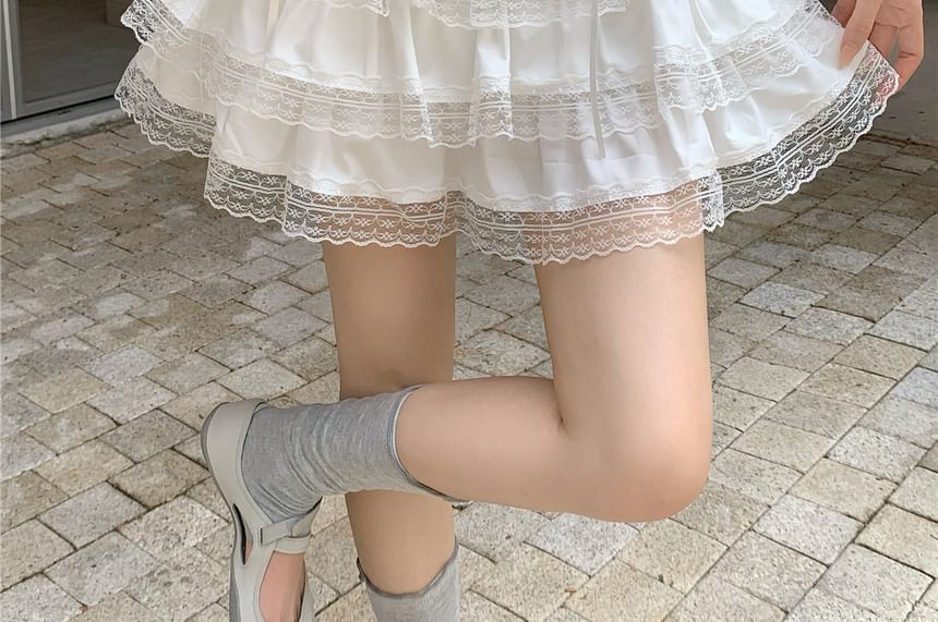 Elastic Waist Plain Lace Trim Mini A-Line Tiered Skirt