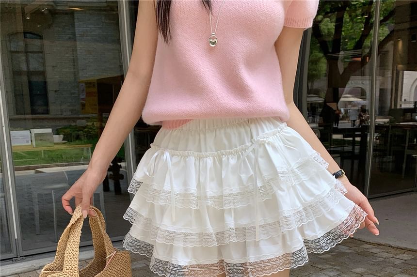 Elastic Waist Plain Lace Trim Mini A-Line Tiered Skirt
