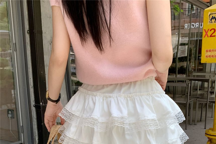 Elastic Waist Plain Lace Trim Mini A-Line Tiered Skirt