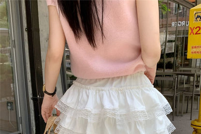Elastic Waist Plain Lace Trim Mini A-Line Tiered Skirt