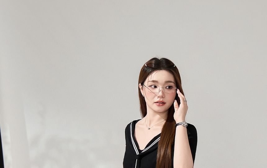 Tie-Neck Tee and Ruffled Mini Skirt