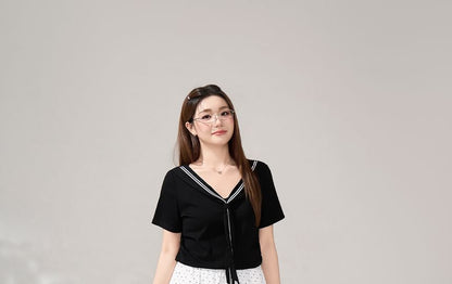 Tie-Neck Tee and Ruffled Mini Skirt