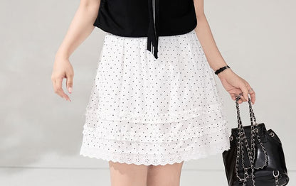 Tie-Neck Tee and Ruffled Mini Skirt