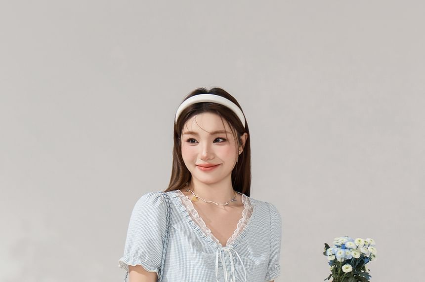 Puff Sleeve Gingham Blouse and Pleated Skirt