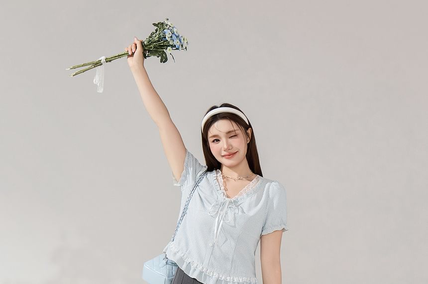 Puff Sleeve Gingham Blouse and Pleated Skirt