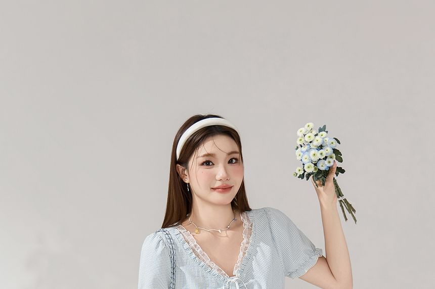 Puff Sleeve Gingham Blouse and Pleated Skirt
