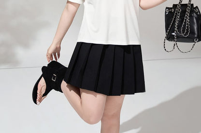 Round Neck Tee and Pleated Mini Skirt