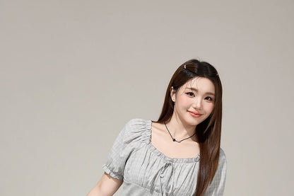 Puff Sleeve Plaid Blouse and Pleated Skirt