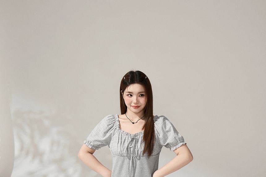 Puff Sleeve Plaid Blouse and Pleated Skirt