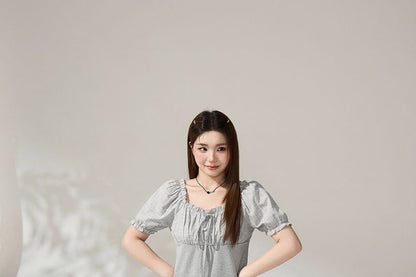 Puff Sleeve Plaid Blouse and Pleated Skirt