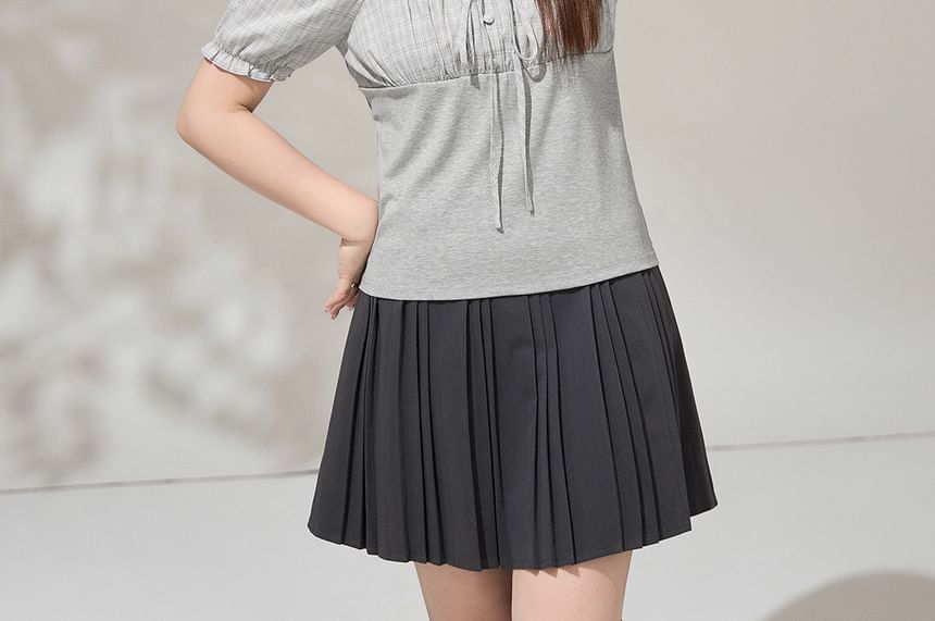 Puff Sleeve Plaid Blouse and Pleated Skirt