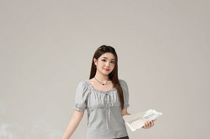 Puff Sleeve Plaid Blouse and Pleated Skirt