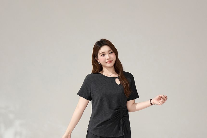 Cutout Drawstring Tee and Wide Leg Pants Set