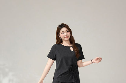 Cutout Drawstring Tee and Wide Leg Pants Set