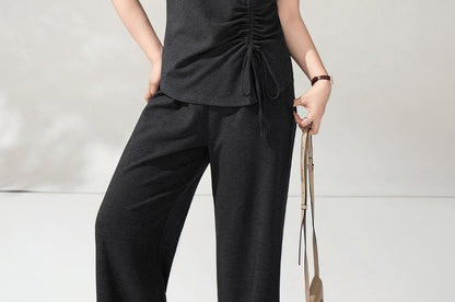 Cutout Drawstring Tee and Wide Leg Pants Set