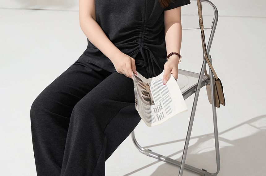 Cutout Drawstring Tee and Wide Leg Pants Set