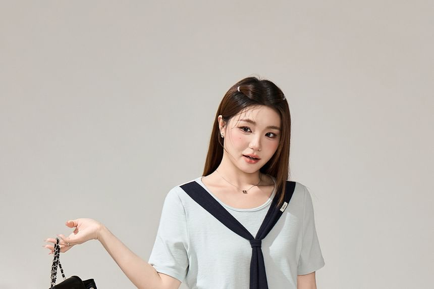 Tie-Neck Tee and Midi A-Line Skirt Set
