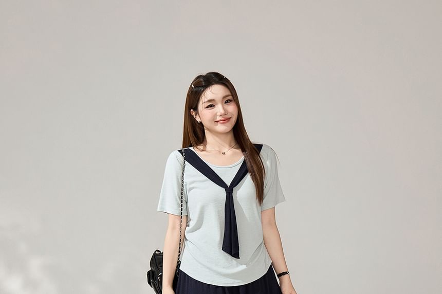 Tie-Neck Tee and Midi A-Line Skirt Set
