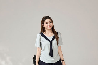 Tie-Neck Tee and Midi A-Line Skirt Set