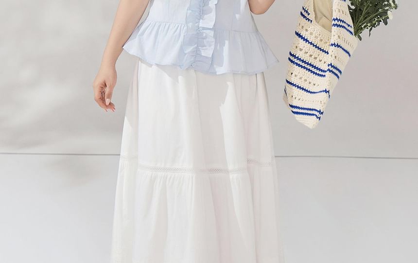 V-Neck Ruffled Blouse and Midi Skirt