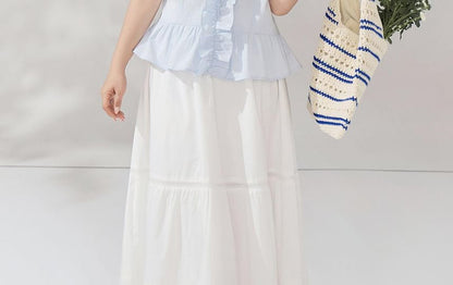 V-Neck Ruffled Blouse and Midi Skirt