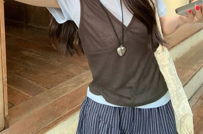 Short Sleeve Round Neck Plain T-Shirt / V-Neck Plain Tank Top / High Waist Midi A-Line Skirt / Set