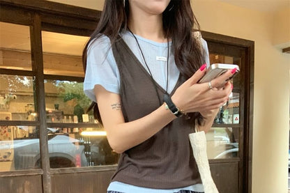 Short Sleeve Round Neck Plain T-Shirt / V-Neck Plain Tank Top / High Waist Midi A-Line Skirt / Set