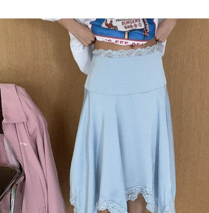 Mid Rise Plain Asymmetrical Panel Lace Midi A-Line Skirt