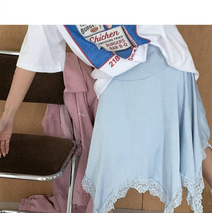 Mid Rise Plain Asymmetrical Panel Lace Midi A-Line Skirt