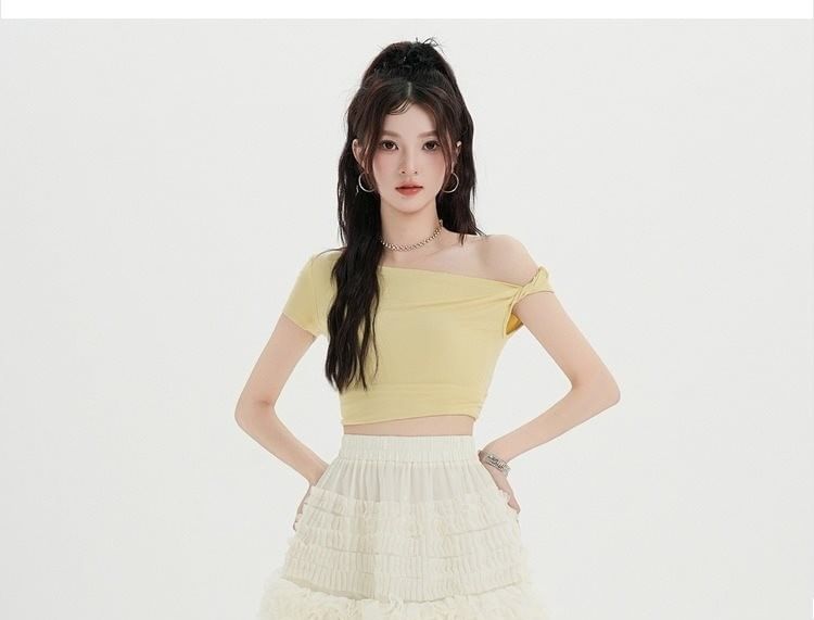 Elastic Waist Plain Frill Tiered Mesh Mini A-Line Skirt