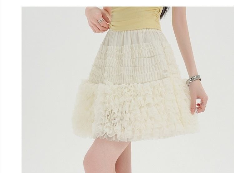 Elastic Waist Plain Frill Tiered Mesh Mini A-Line Skirt