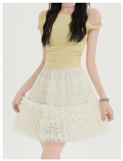 Elastic Waist Plain Frill Tiered Mesh Mini A-Line Skirt