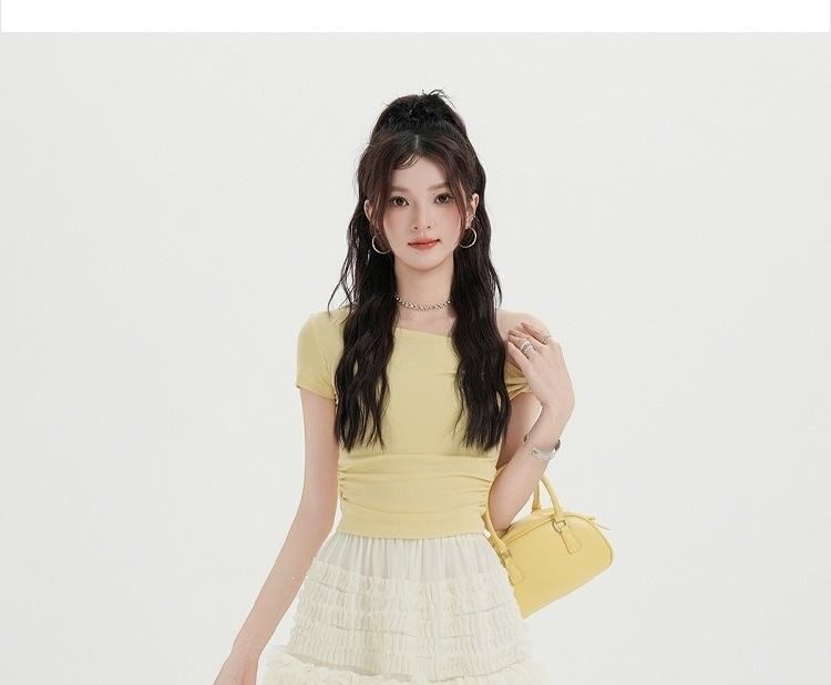 Elastic Waist Plain Frill Tiered Mesh Mini A-Line Skirt