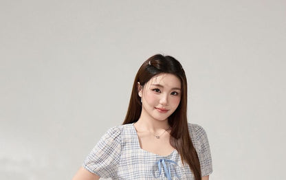 Square Neck Plaid Crop Blouse