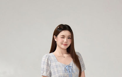 Square Neck Plaid Crop Blouse