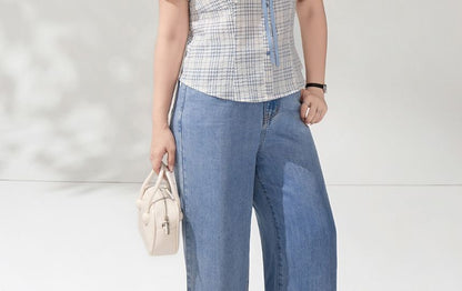 Square Neck Plaid Crop Blouse