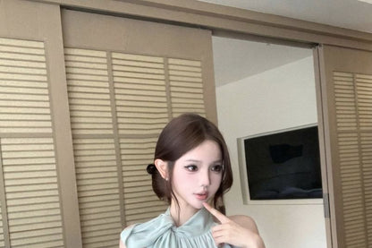 Sleeveless Tie Neck Plain Gathered Top / Camisole Top / High Waist Plain Pleated Peplum Mini Pencil Skirt / Set