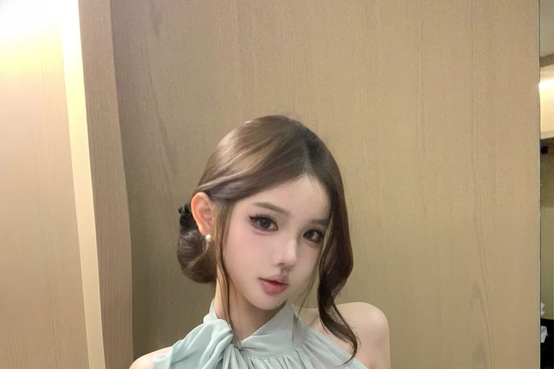 Sleeveless Tie Neck Plain Gathered Top / Camisole Top / High Waist Plain Pleated Peplum Mini Pencil Skirt / Set