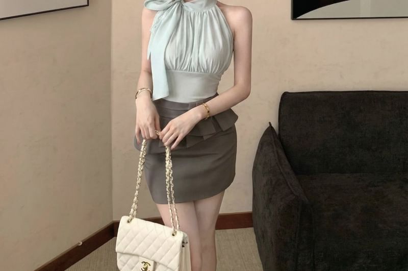 Sleeveless Tie Neck Plain Gathered Top / Camisole Top / High Waist Plain Pleated Peplum Mini Pencil Skirt / Set