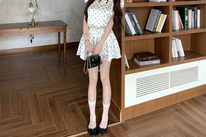 Cap Sleeve Collared Polka Dot Double Breasted Satin Blouse / High Waist Mini A-Line Skirt