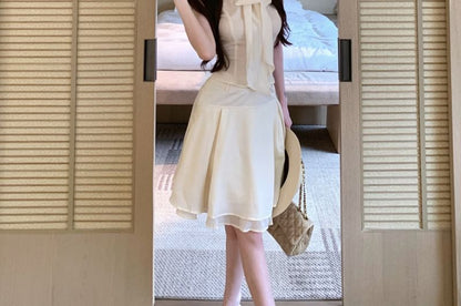 Cap Sleeve Tie Neck Plain Blouse / High Waist Panel Mini A-Line Skirt