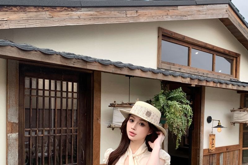 Cap Sleeve Tie Neck Plain Blouse / High Waist Panel Mini A-Line Skirt