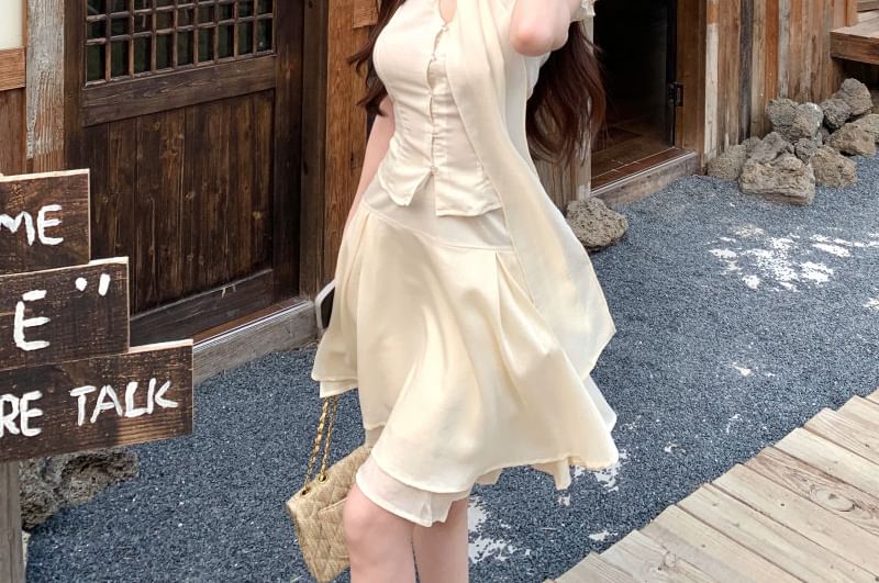 Cap Sleeve Tie Neck Plain Blouse / High Waist Panel Mini A-Line Skirt