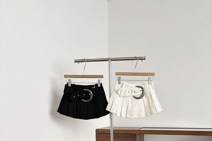 Set: Low Rise Plain Pleated Mini A-Line Skirt + Belt