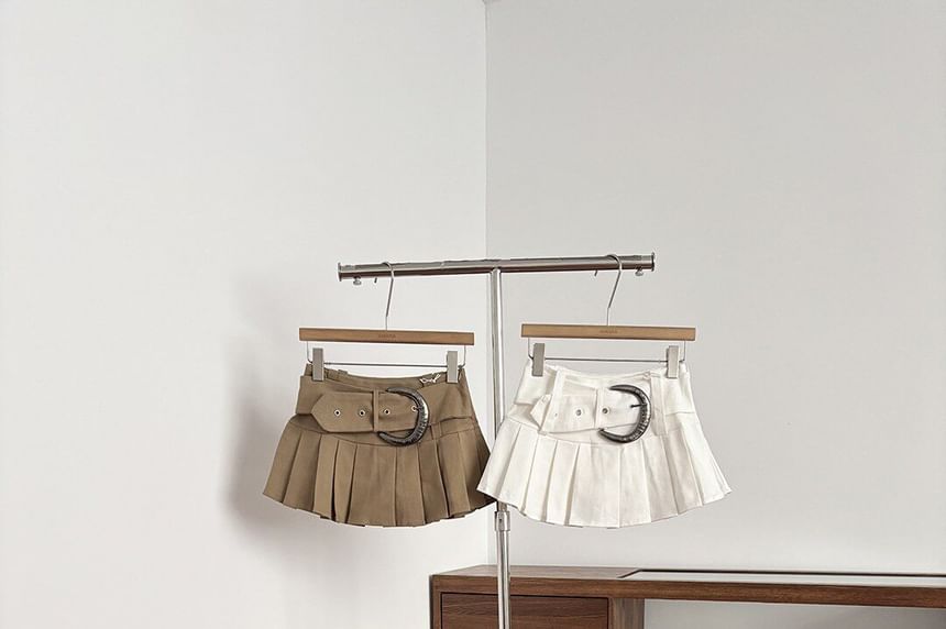 Set: Low Rise Plain Pleated Mini A-Line Skirt + Belt