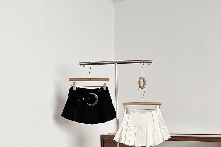Set: Low Rise Plain Pleated Mini A-Line Skirt + Belt