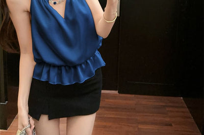 Halter Rhinestone Chain Ruffle Camisole Top